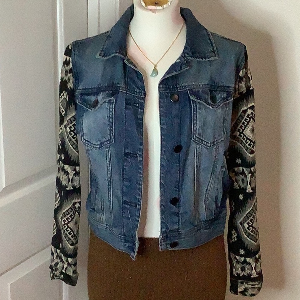Denim Jacket with Patterned Sleeves